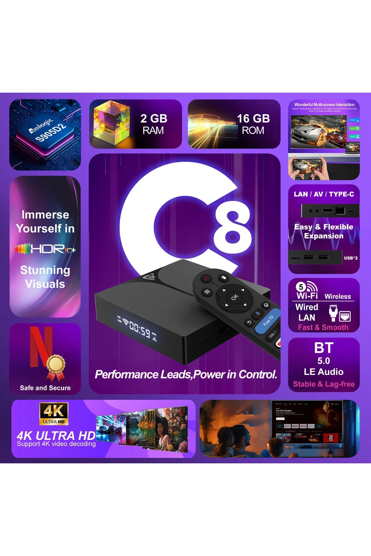 C8 Ultra HD 4K Android TV Box-Sesli Komut Kumandalı, Çift Wi-Fi & Bluetooth, 10K HDR Destekli Ürün ikincil görseli