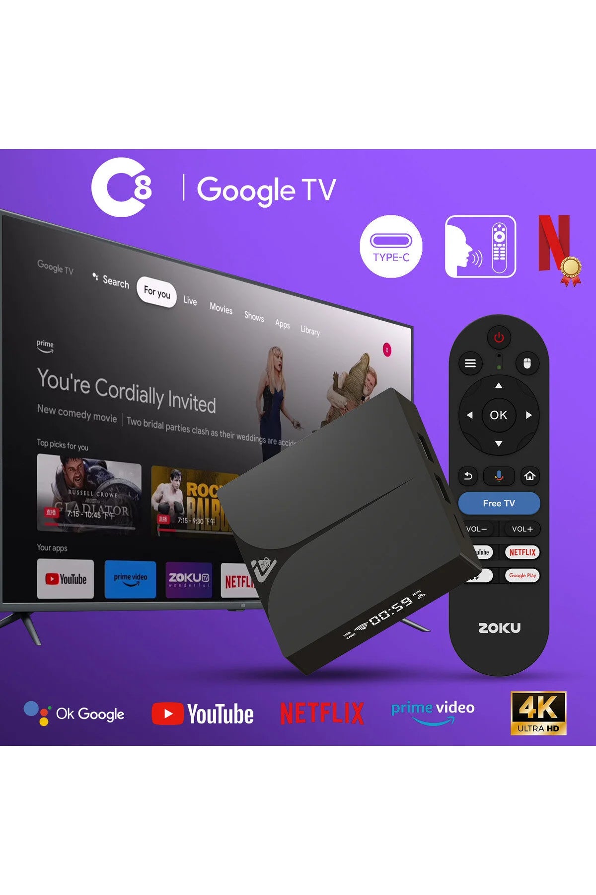 C8 Ultra HD 4K Android TV Box-Sesli Komut Kumandalı, Çift Wi-Fi & Bluetooth, 10K HDR Destekli