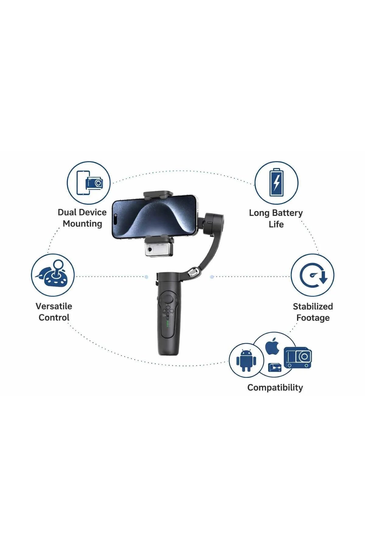 M3 Alpro 3 Eksenli Akıllı AI Takip Özellikli Gimbal Telefon SİYAH BEYAZ