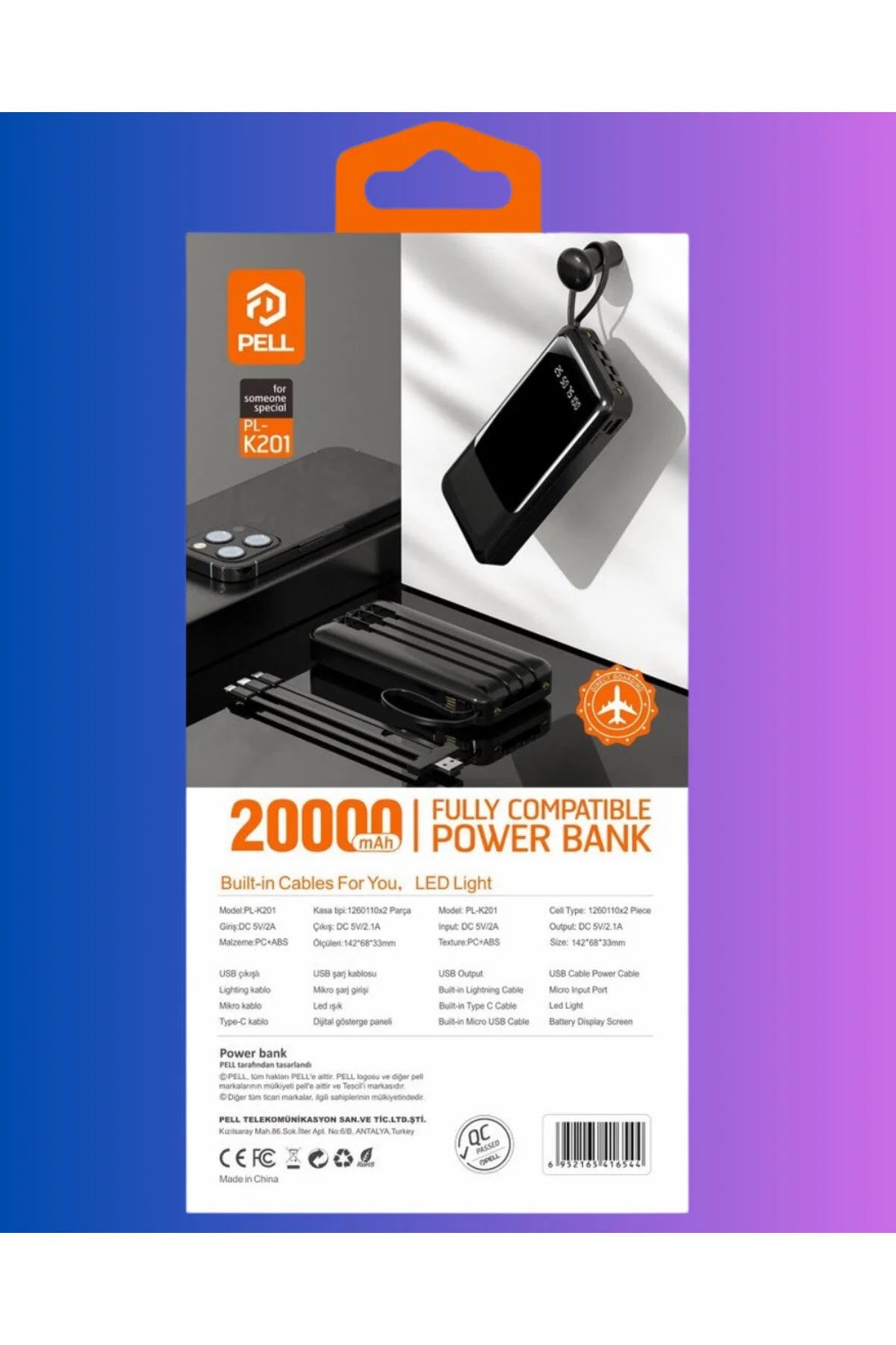 PL-K201 20.000 mAh. Göstergeli Lightning-Micro-Type-C ve Tablet girişli Powerbank
