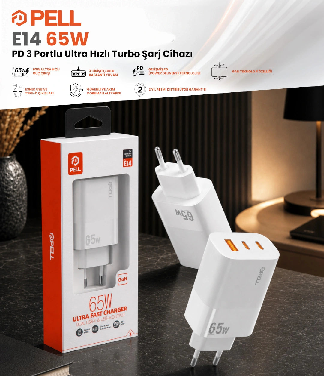 E14 65W PD 3 Portlu Ultra Hızlı Turbo Şarj Cihazı