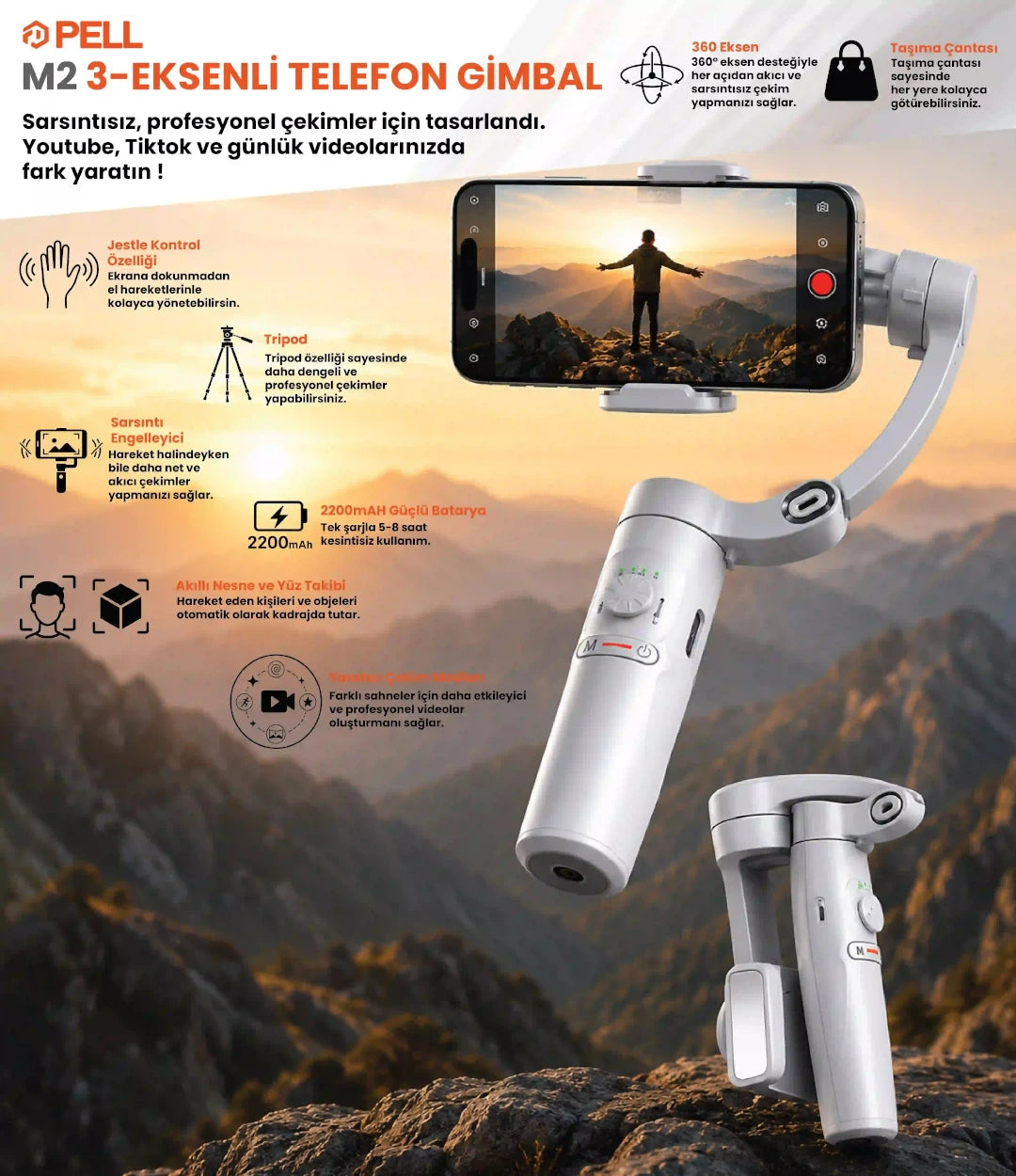 M2 Telefon Gimbal Stabilizatör 3-Eksenli