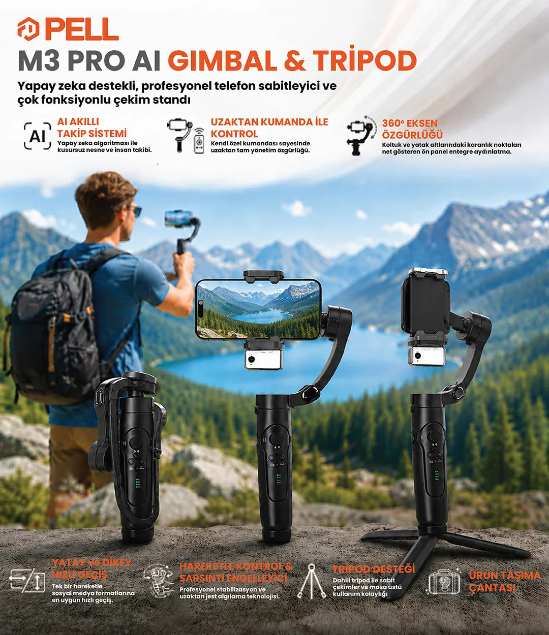M3 Alpro Telefon Gimbal Stabilizatör 3-Eksenli, AI Akıllı Takip Özellikli Sabitleyici