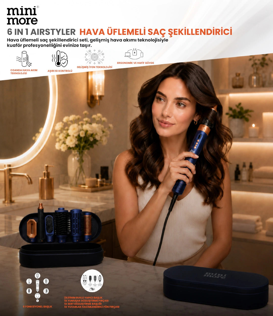 Mini More 6 In 1 Airstyler Hava Üflemeli Saç Şekillendirici Seti Coanda Etkili Saç Düzleştirici ve Maşa