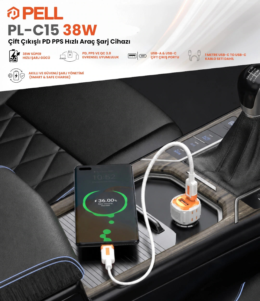 PL-C15 38W Çift Çıkışlı PD PPS Hızlı Araç Şarj Cihazı