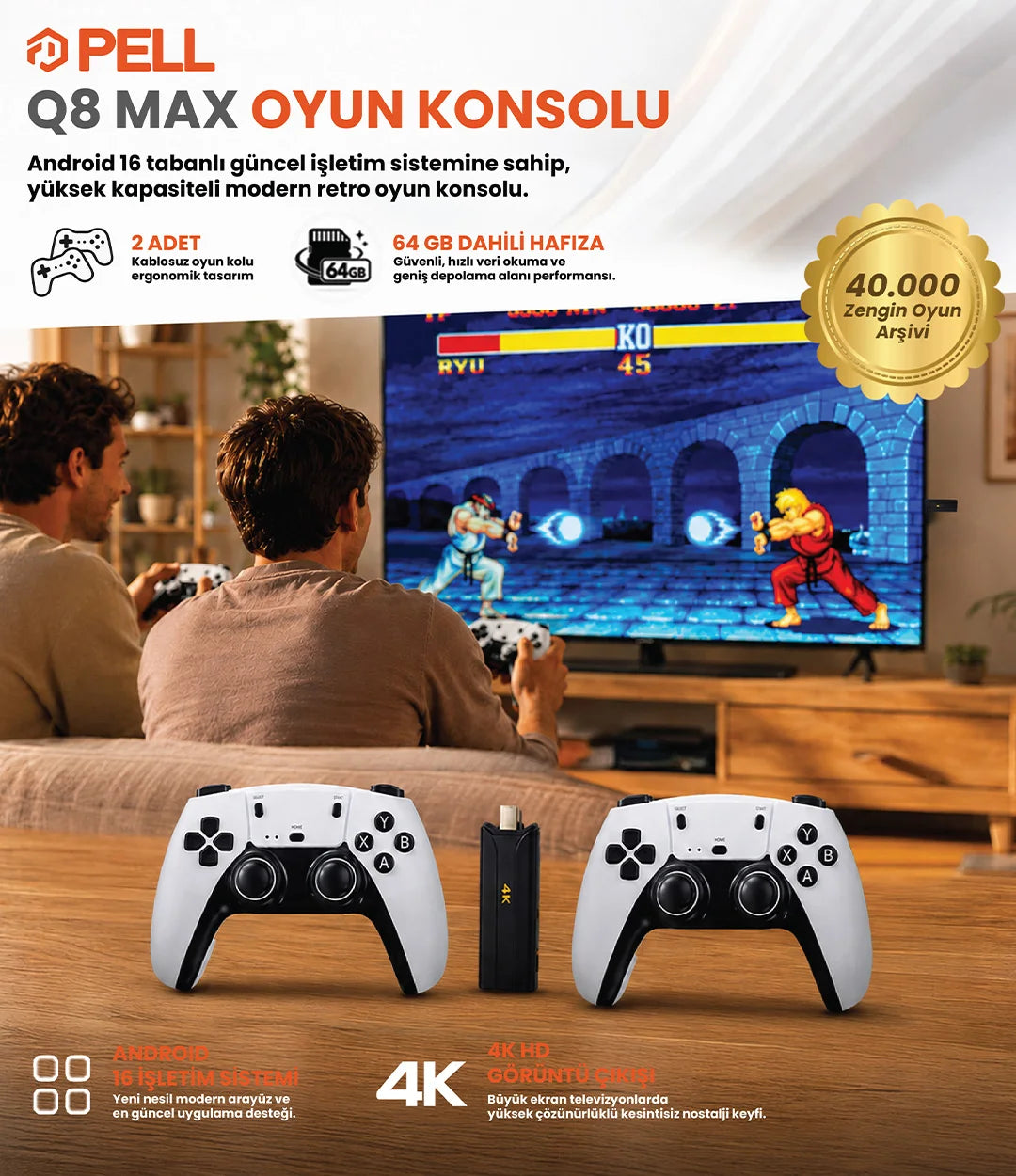 Q8 Max 4K Game Stick Retro Oyun Konsolu 48.000+ Oyunlu