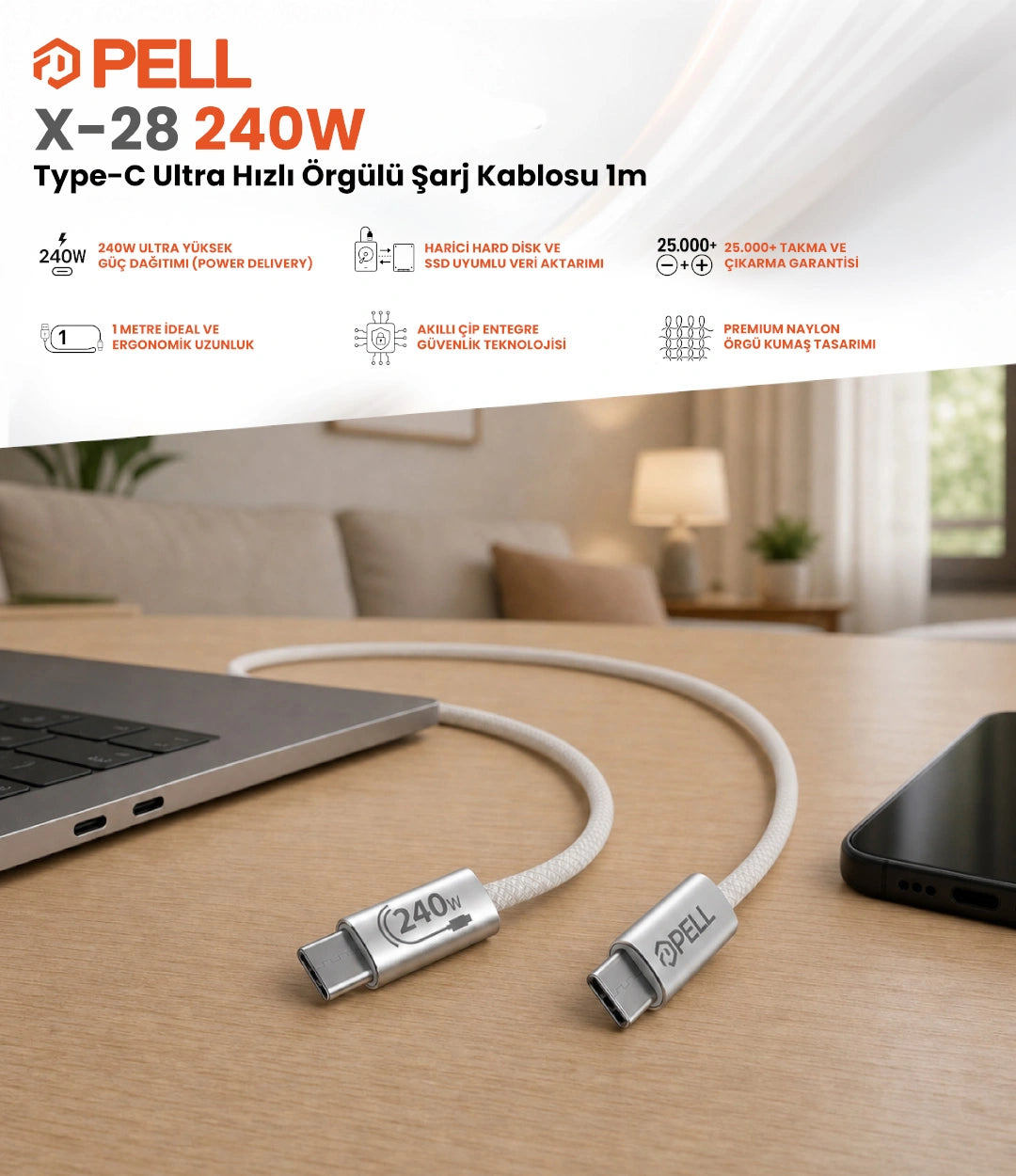 X-28 240W PD Type-C to Type-C Ultra Hızlı Örgülü Şarj Kablosu