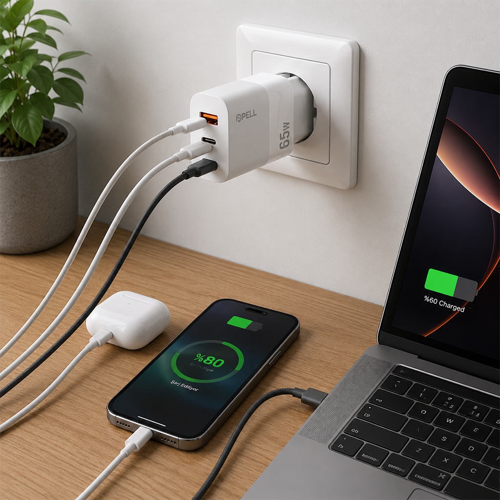 E14 65W PD 3 Portlu Ultra Hızlı Turbo Şarj Cihazı, Type-C ve USB Seyahat Adaptörü