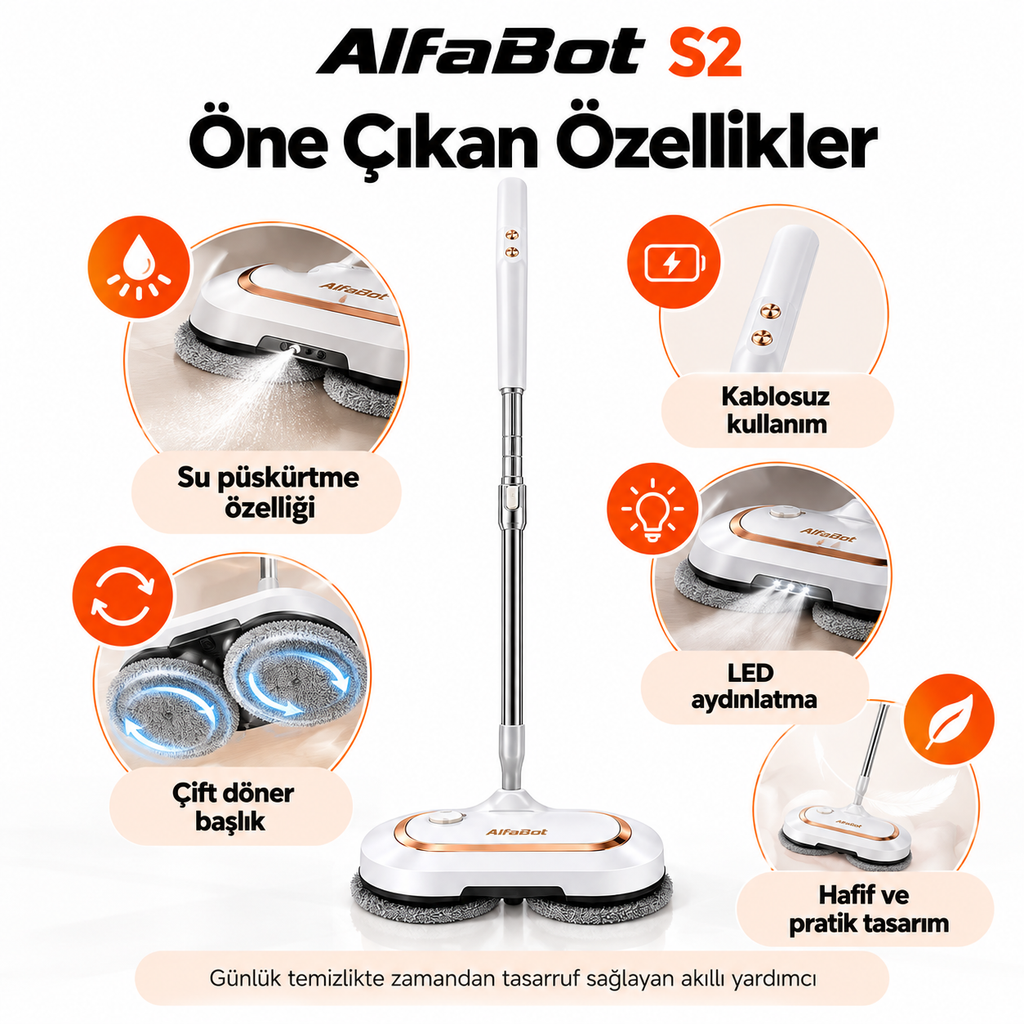 ALFABOT S2 Kablosuz Elektrikli Mop Paspas Çift Motorlu, Döner Başlıklı Silme ve Parlatma Cihazı