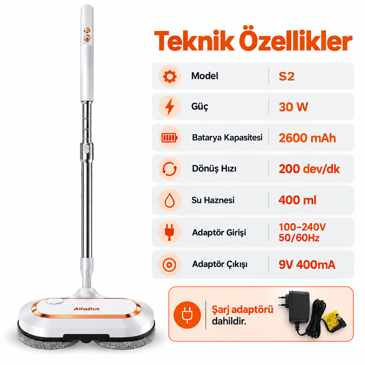 ALFABOT S2 Kablosuz Elektrikli Mop Paspas Çift Motorlu, Döner Başlıklı Silme ve Parlatma Cihazı