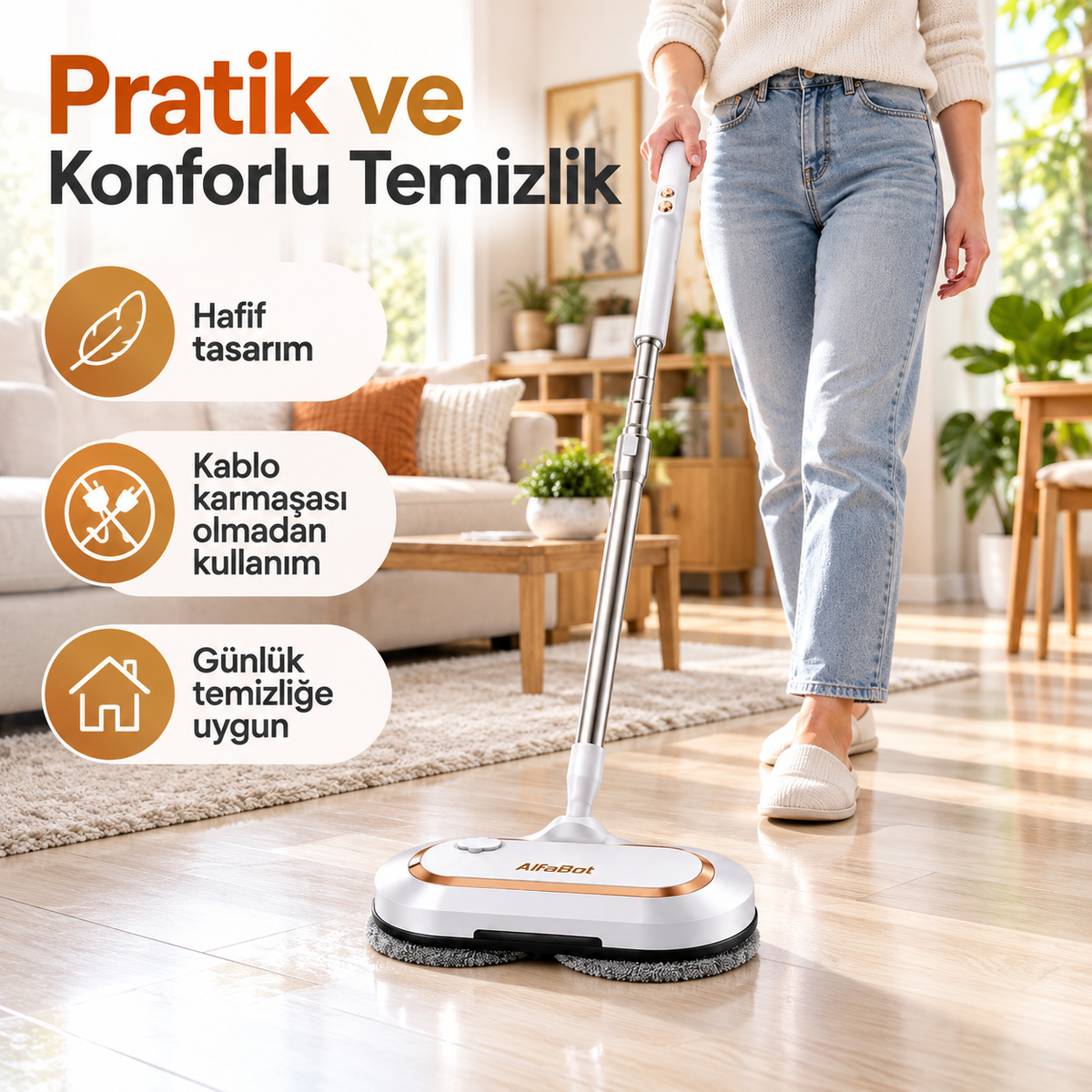 ALFABOT S2 Kablosuz Elektrikli Mop Paspas Çift Motorlu, Döner Başlıklı Silme ve Parlatma Cihazı