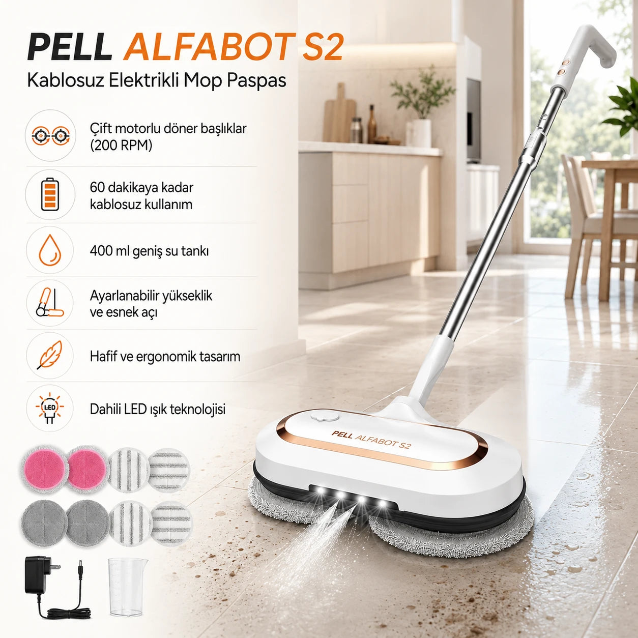 ALFABOT S2 Kablosuz Elektrikli Mop Paspas Çift Motorlu, Döner Başlıklı Silme ve Parlatma Cihazı