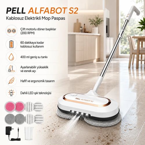 ALFABOT S2 Kablosuz Elektrikli Mop Paspas Çift Motorlu, Döner Başlıklı Silme ve Parlatma Cihazı