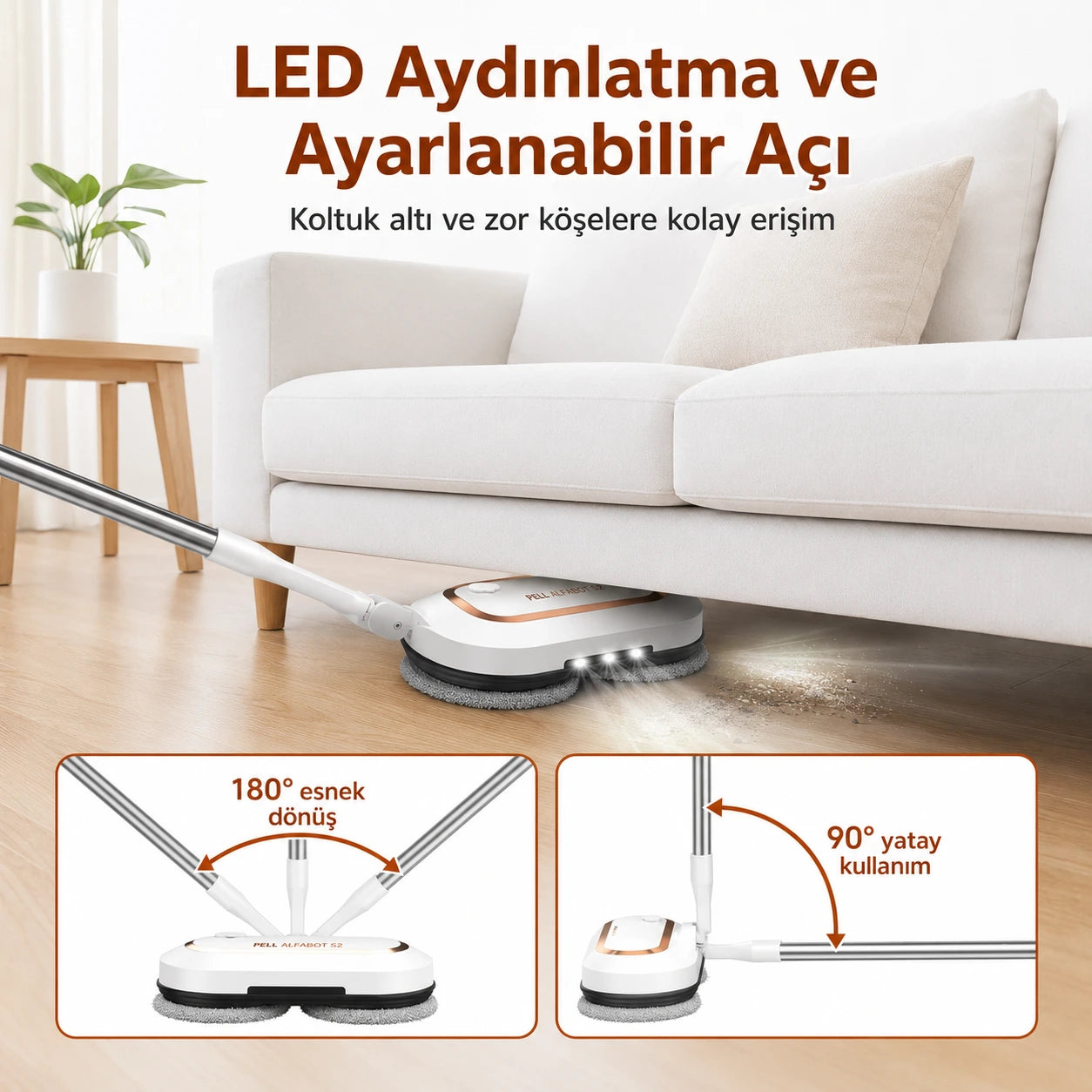 ALFABOT S2 Kablosuz Elektrikli Mop Paspas Çift Motorlu, Döner Başlıklı Silme ve Parlatma Cihazı
