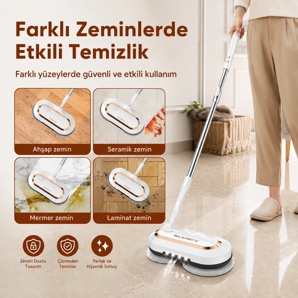 ALFABOT S2 Kablosuz Elektrikli Mop Paspas Çift Motorlu, Döner Başlıklı Silme ve Parlatma Cihazı