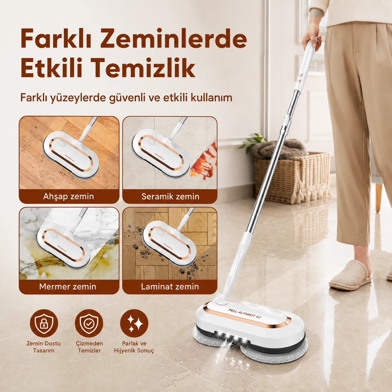 ALFABOT S2 Kablosuz Elektrikli Mop Paspas Çift Motorlu, Döner Başlıklı Silme ve Parlatma Cihazı