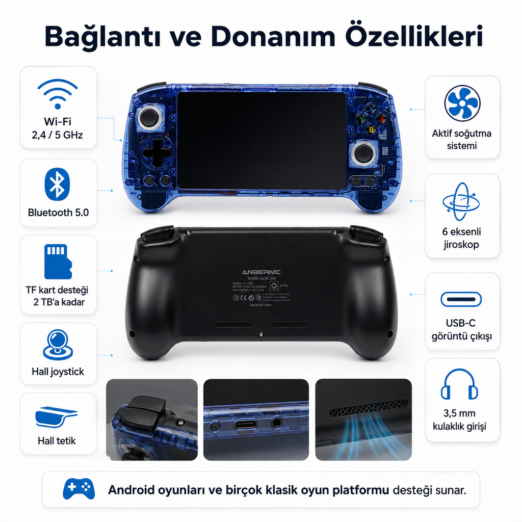 ANBERNIC RG556 Retro El Oyun Konsolu 5.48 inç AMOLED Ekran, Kablosuz Taşınabilir Oyun Cihazı
