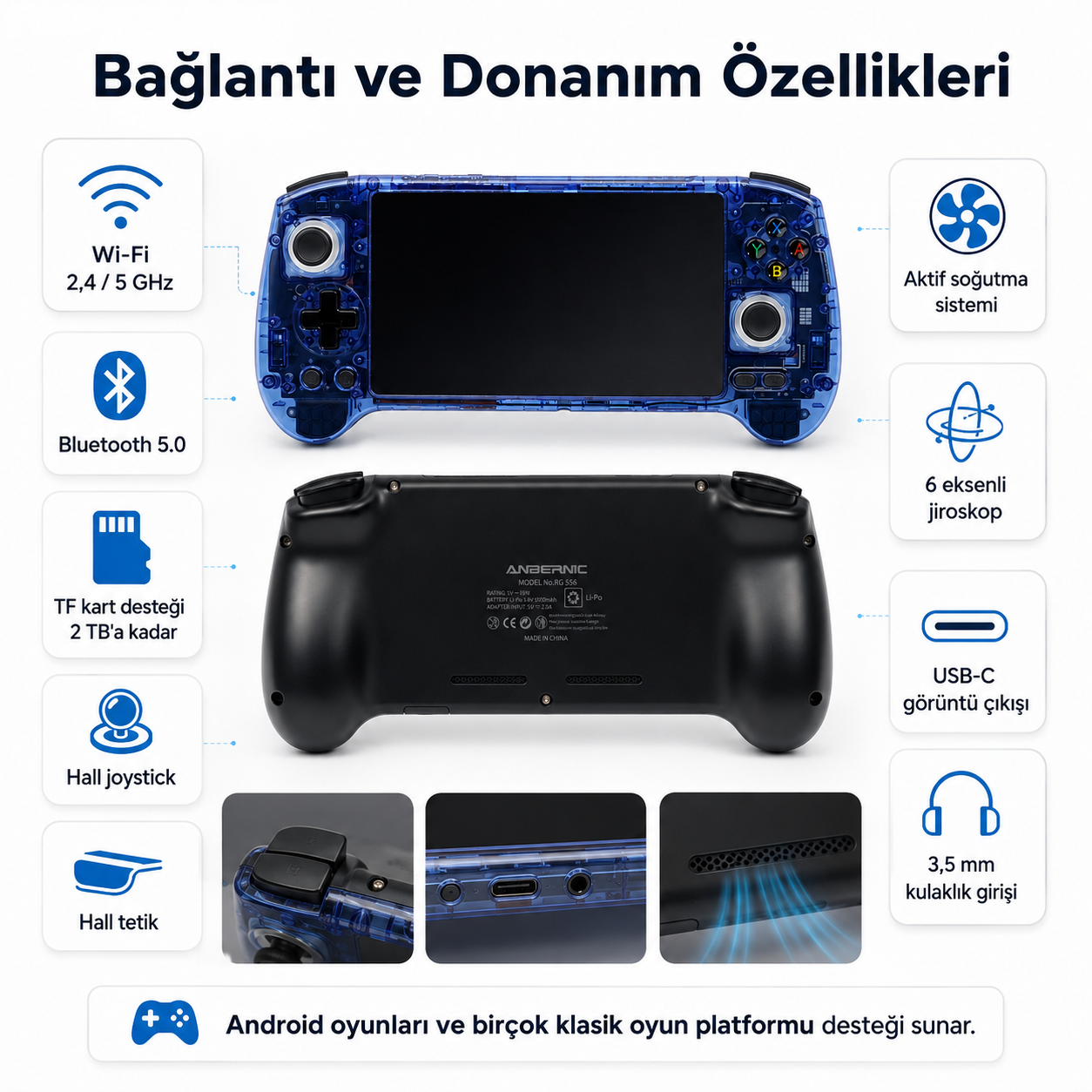 ANBERNIC RG556 Retro El Oyun Konsolu 5.48 inç AMOLED Ekran, Kablosuz Taşınabilir Oyun Cihazı