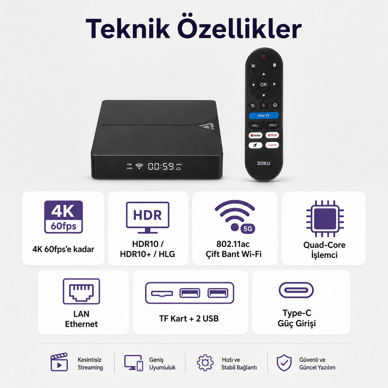 C8 Android TV Box Ultra HD 4K, 10K HDR Destekli Akıllı Media Player