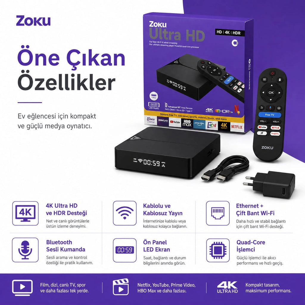 C8 Android TV Box Ultra HD 4K, 10K HDR Destekli Akıllı Media Player