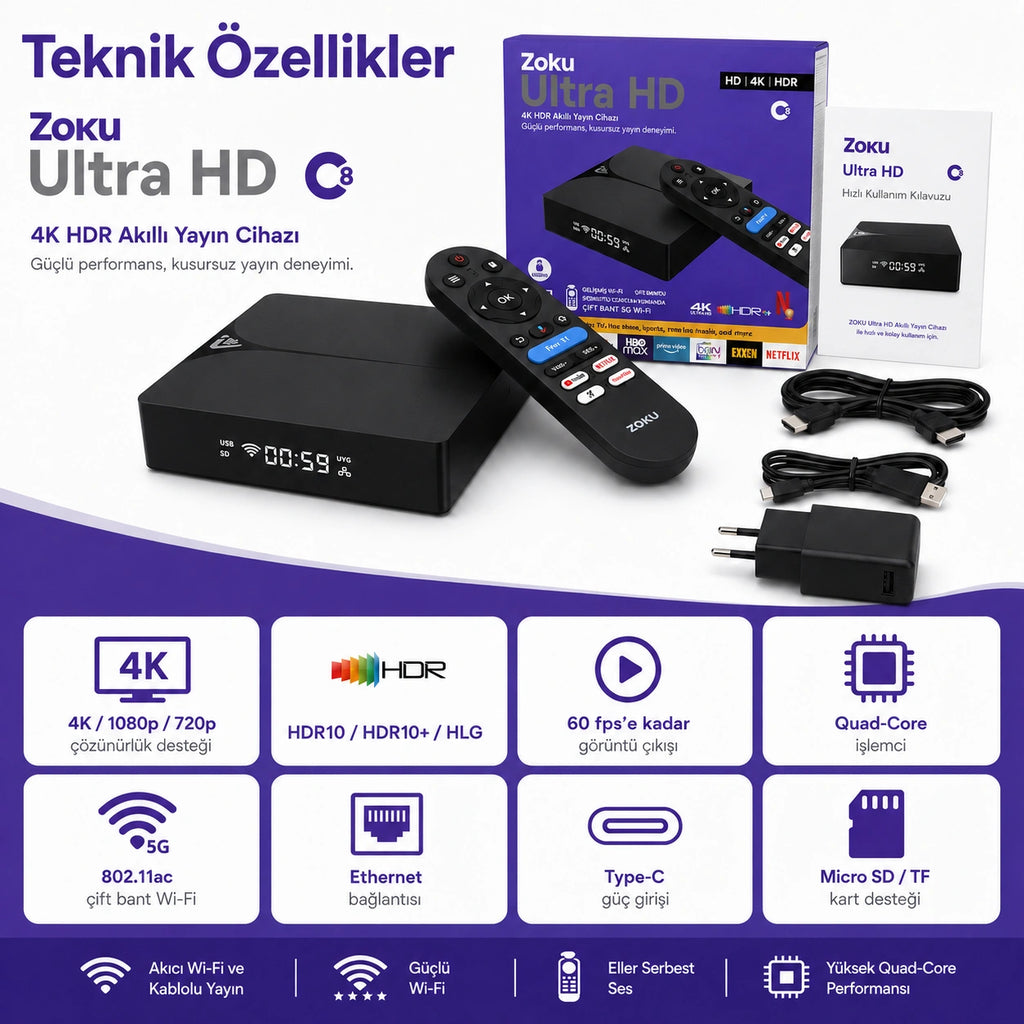 C8 Android TV Box Ultra HD 4K, 10K HDR Destekli Akıllı Media Player