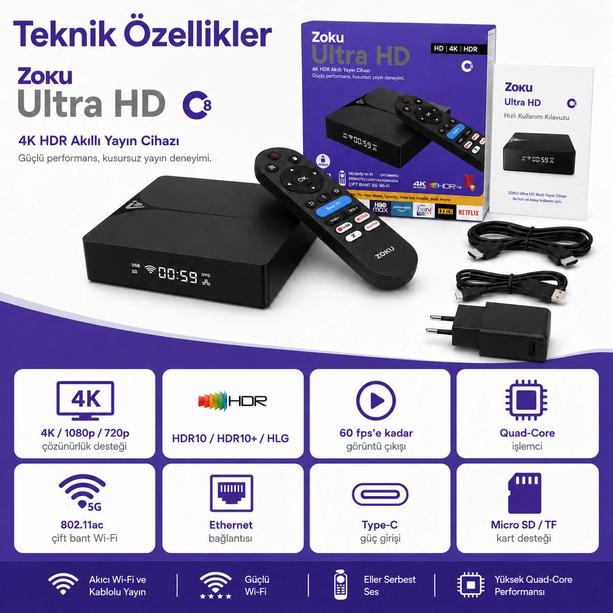 C8 Android TV Box Ultra HD 4K, 10K HDR Destekli Akıllı Media Player