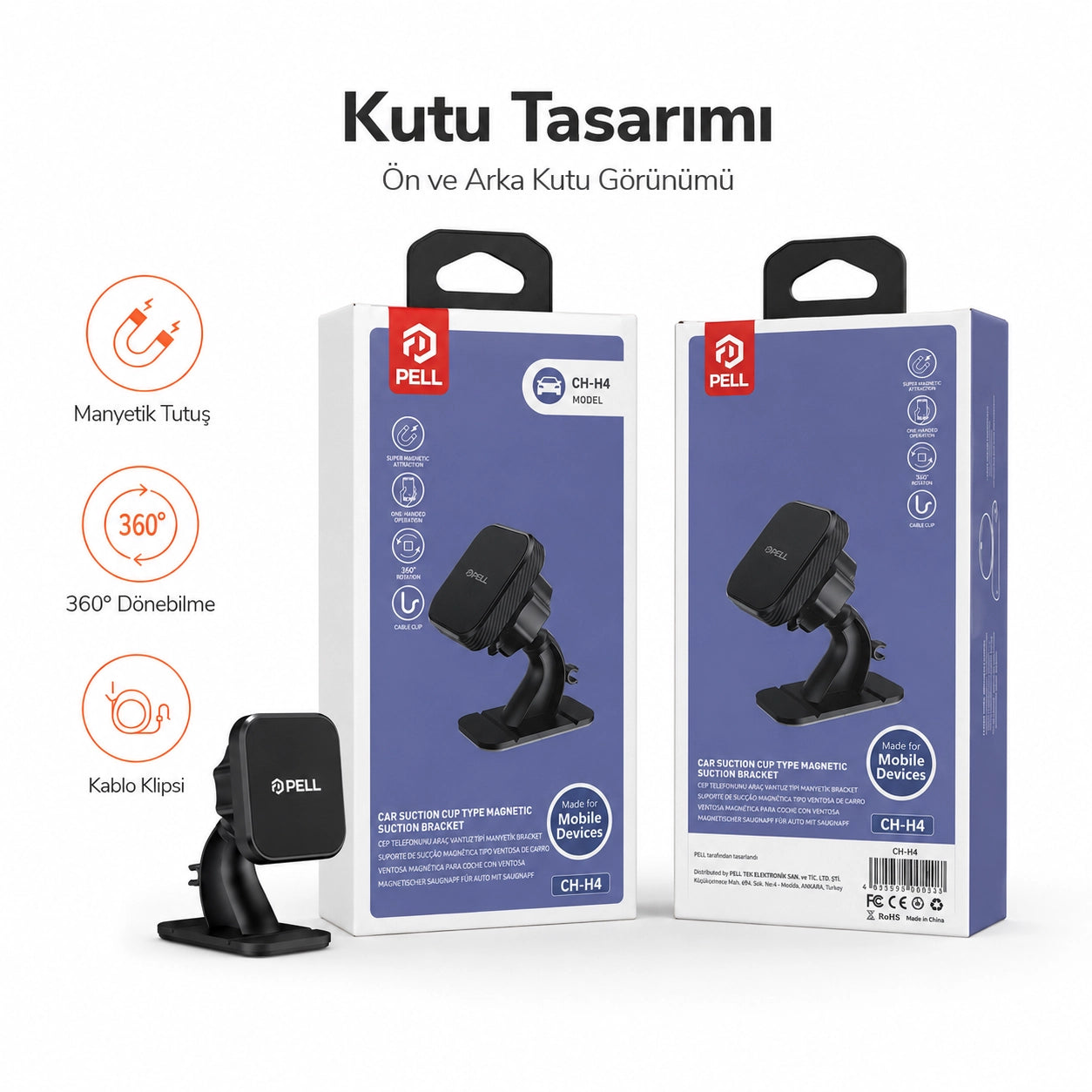 CH-H4 Vantuzlu Manyetik Araç İçi Telefon Tutucu, 360° Dönebilen Kablo Klipsli Torpido ve Cam Standı
