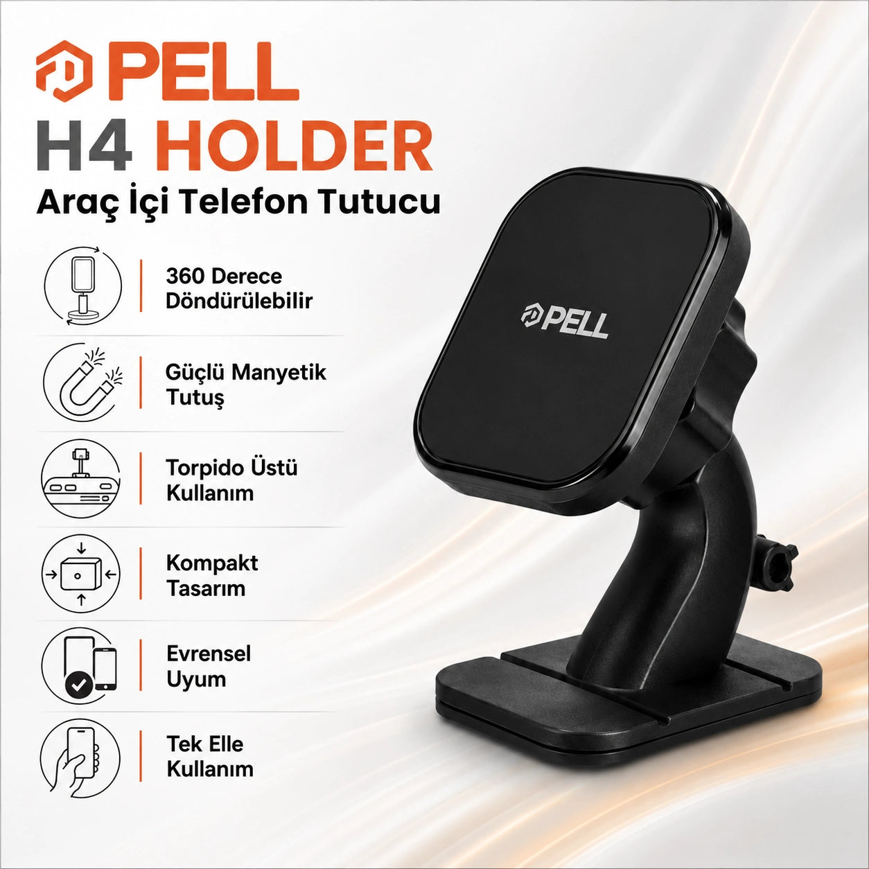 CH-H4 Vantuzlu Manyetik Araç İçi Telefon Tutucu, 360° Dönebilen Kablo Klipsli Torpido ve Cam Standı