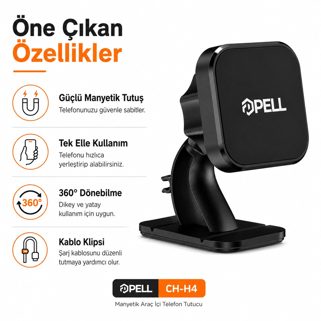 CH-H4 Vantuzlu Manyetik Araç İçi Telefon Tutucu, 360° Dönebilen Kablo Klipsli Torpido ve Cam Standı