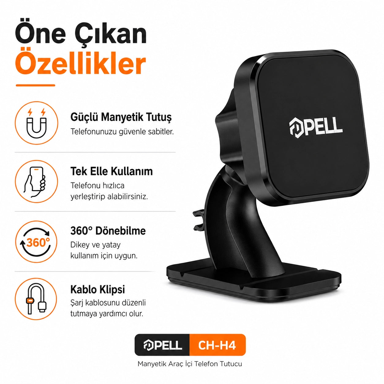 CH-H4 Vantuzlu Manyetik Araç İçi Telefon Tutucu, 360° Dönebilen Kablo Klipsli Torpido ve Cam Standı
