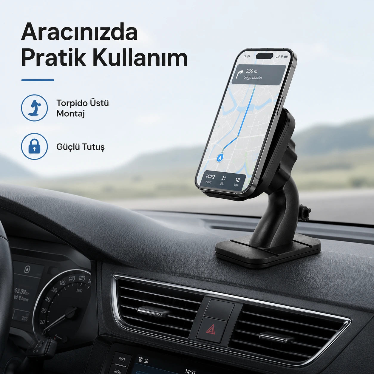 CH-H4 Vantuzlu Manyetik Araç İçi Telefon Tutucu, 360° Dönebilen Kablo Klipsli Torpido ve Cam Standı