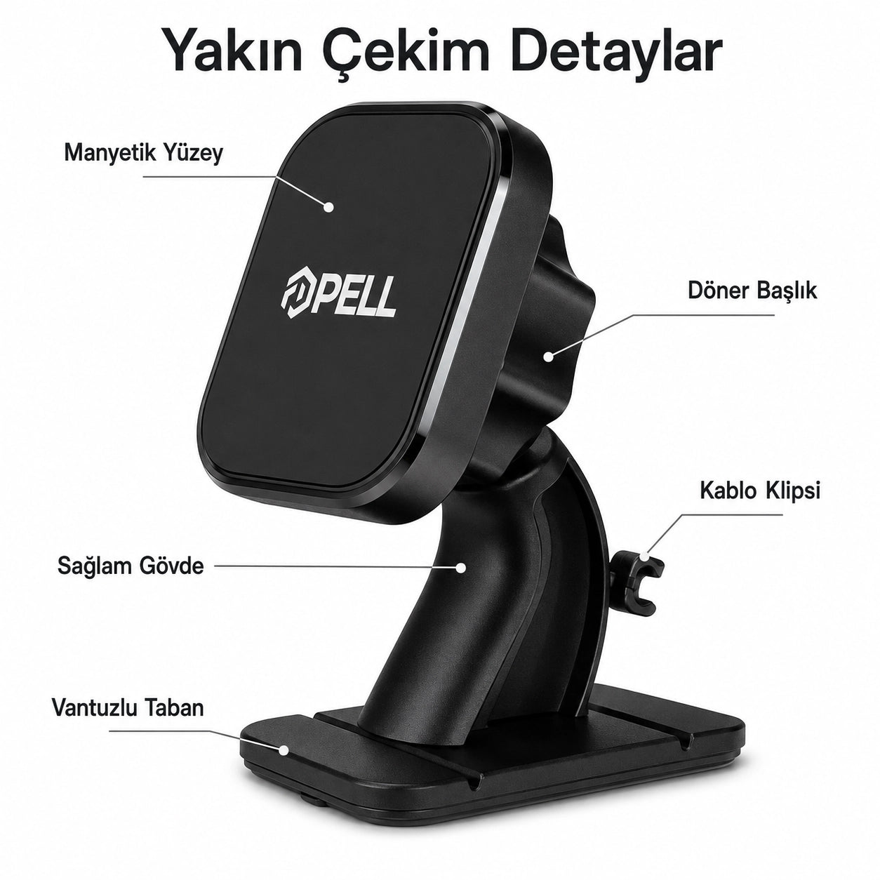 CH-H4 Vantuzlu Manyetik Araç İçi Telefon Tutucu, 360° Dönebilen Kablo Klipsli Torpido ve Cam Standı
