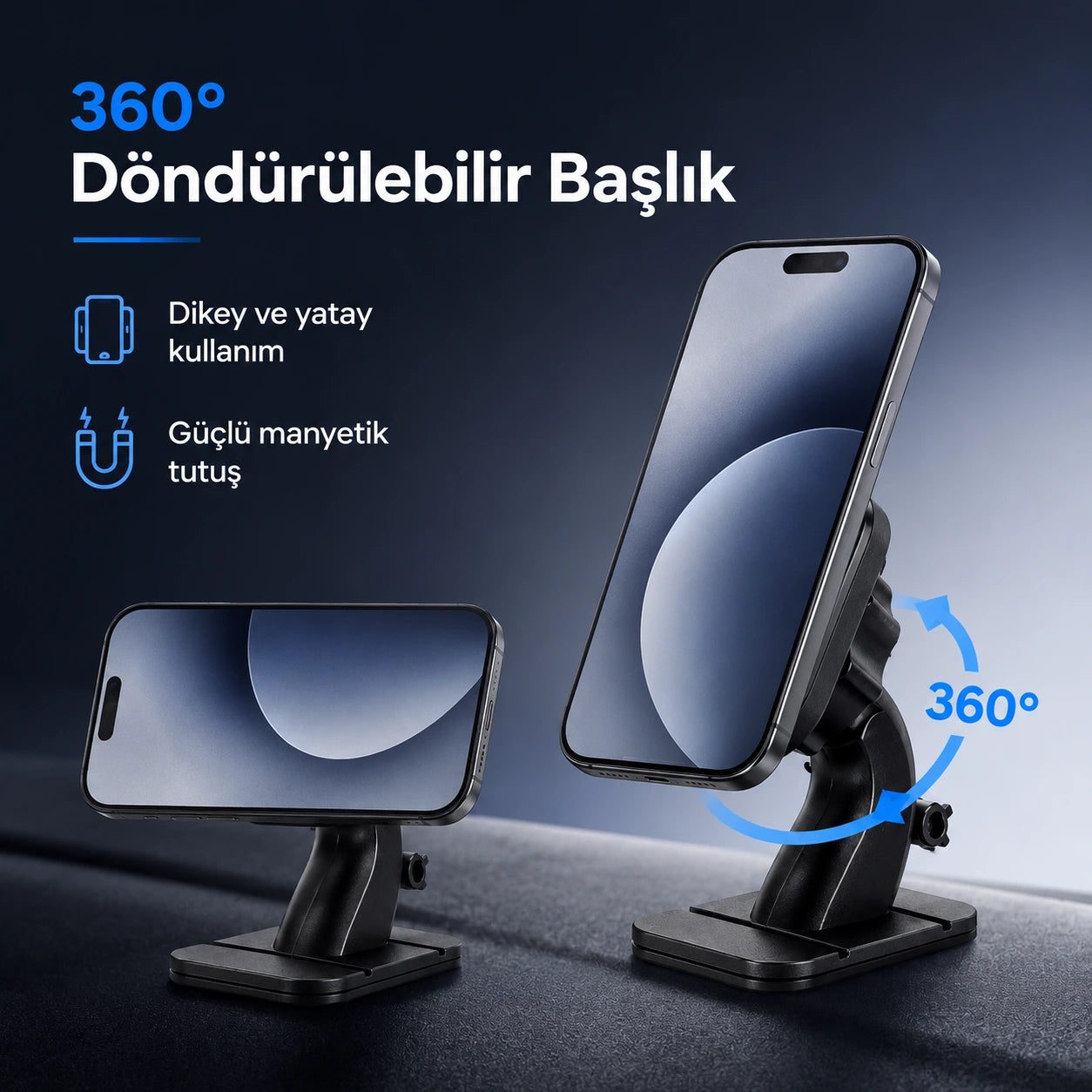 CH-H4 Vantuzlu Manyetik Araç İçi Telefon Tutucu, 360° Dönebilen Kablo Klipsli Torpido ve Cam Standı