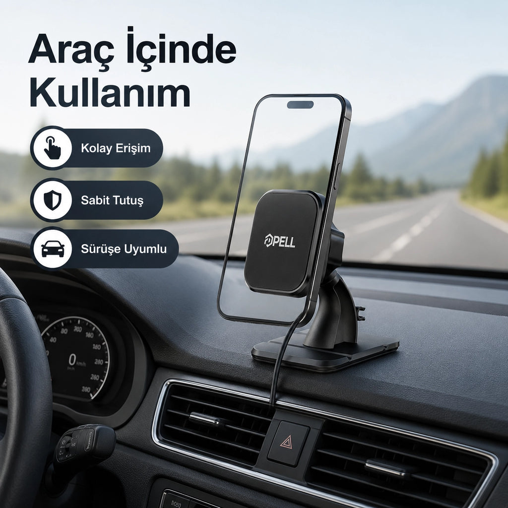 CH-H4 Vantuzlu Manyetik Araç İçi Telefon Tutucu, 360° Dönebilen Kablo Klipsli Torpido ve Cam Standı