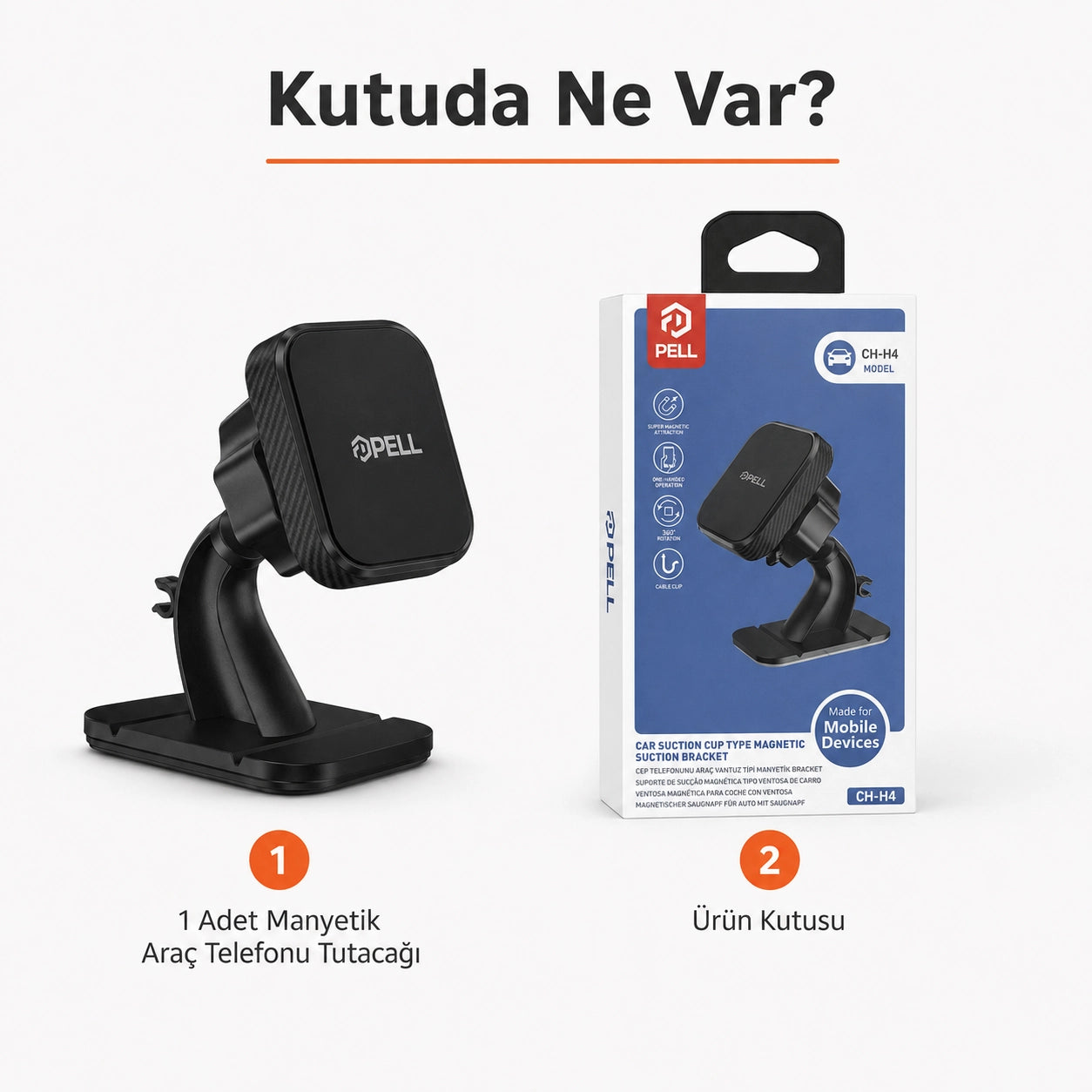 CH-H4 Vantuzlu Manyetik Araç İçi Telefon Tutucu, 360° Dönebilen Kablo Klipsli Torpido ve Cam Standı