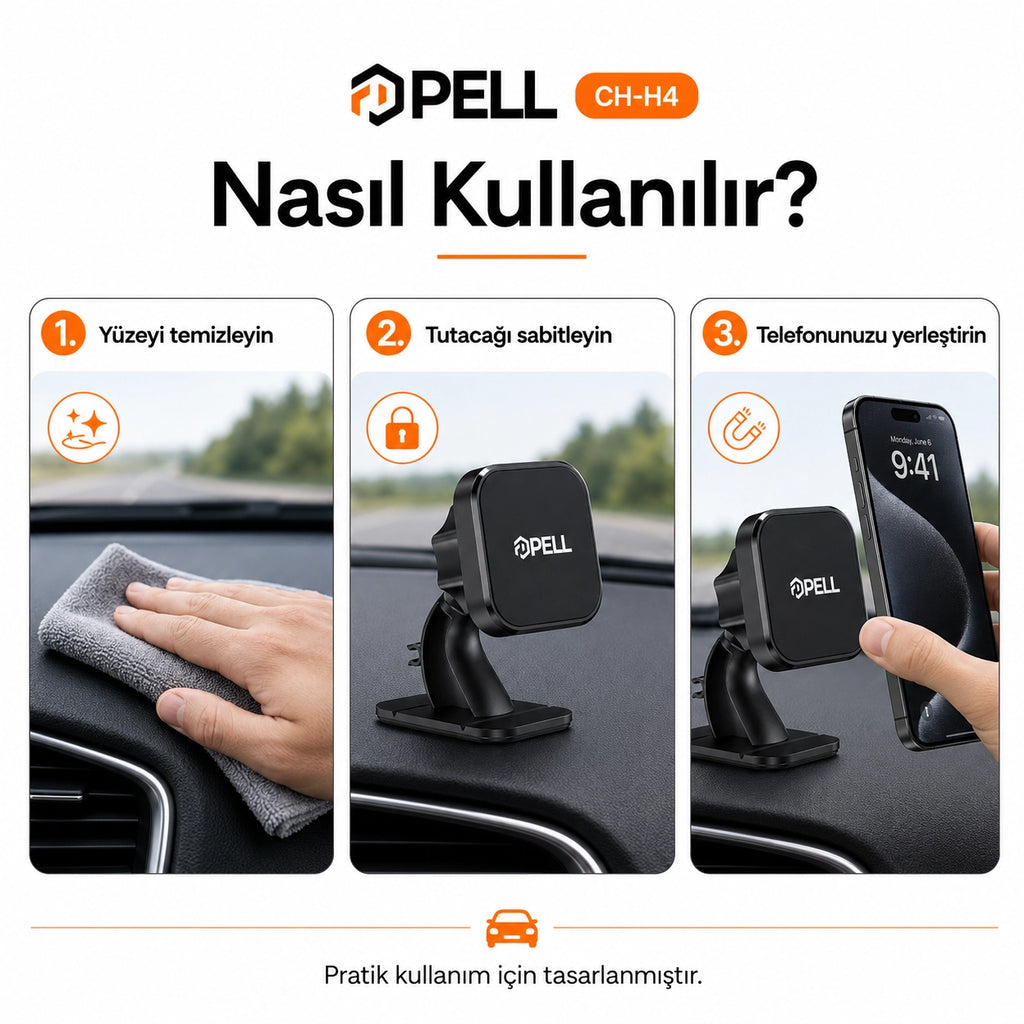 CH-H4 Vantuzlu Manyetik Araç İçi Telefon Tutucu, 360° Dönebilen Kablo Klipsli Torpido ve Cam Standı