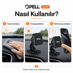 CH-H4 Vantuzlu Manyetik Araç İçi Telefon Tutucu, 360° Dönebilen Kablo Klipsli Torpido ve Cam Standı