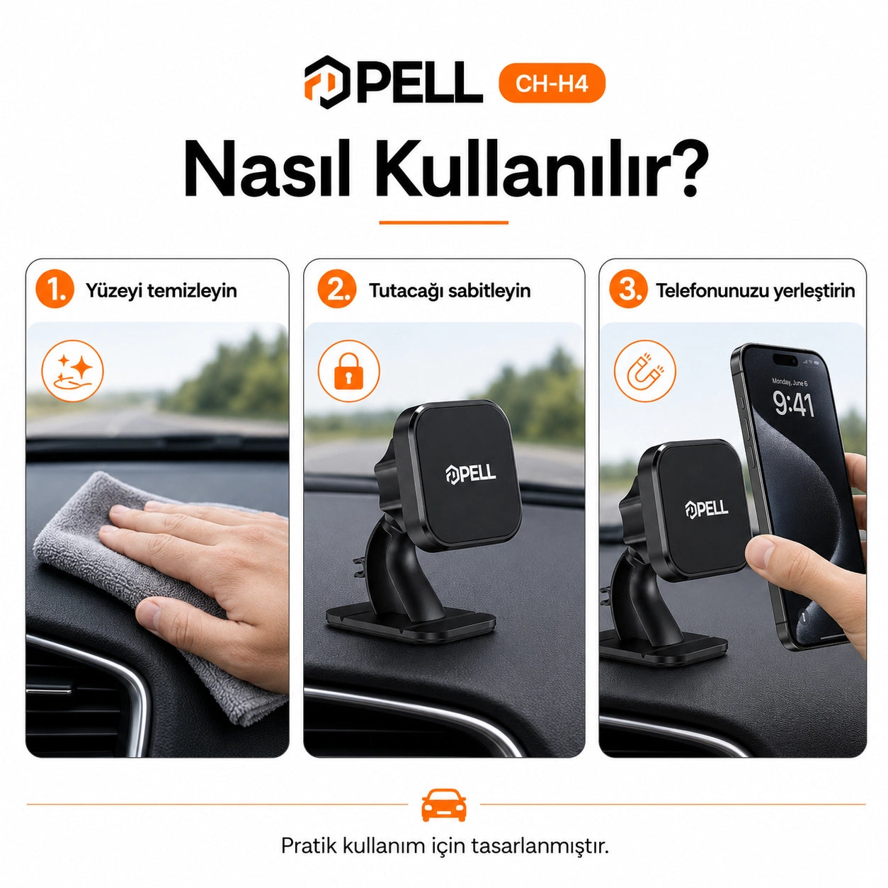 CH-H4 Vantuzlu Manyetik Araç İçi Telefon Tutucu, 360° Dönebilen Kablo Klipsli Torpido ve Cam Standı