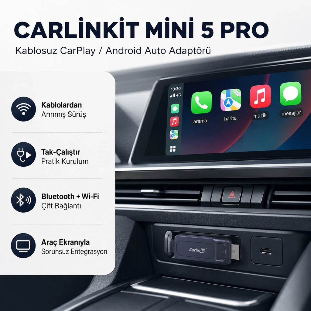 Carlinkit Mini 5 Pro Kablosuz CarPlay Çevirici Adaptör, Bluetooth & Wi-Fi Akıllı Araç Multimedya Dönüştürücü