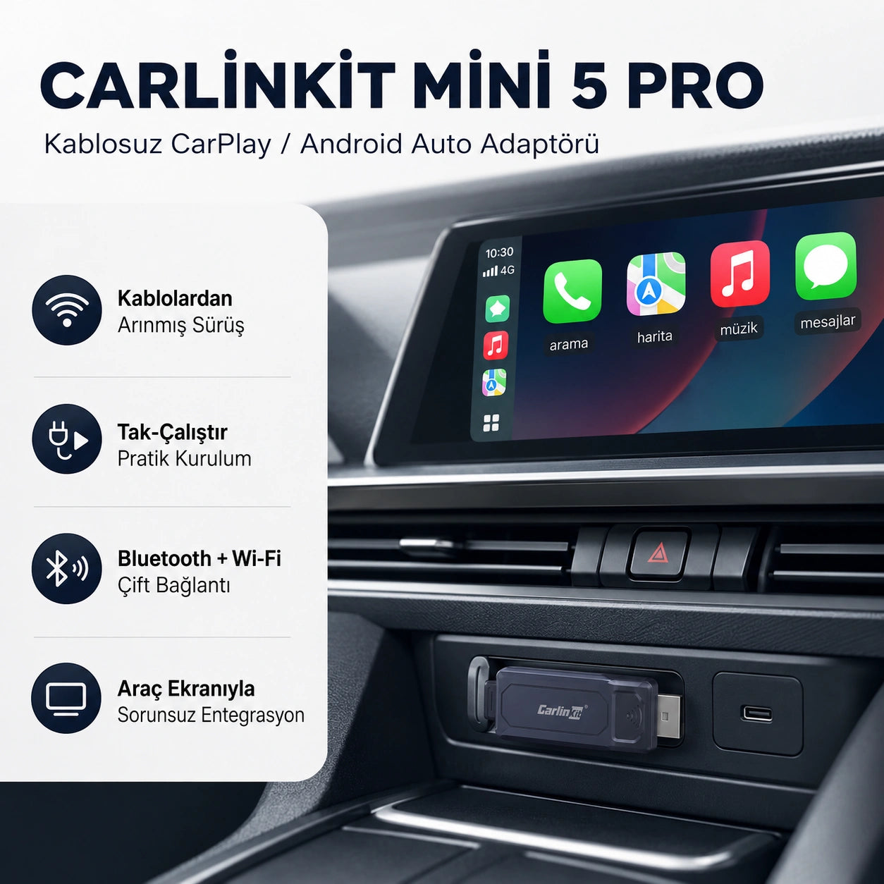 Carlinkit Mini 5 Pro Kablosuz CarPlay Çevirici Adaptör, Bluetooth & Wi-Fi Akıllı Araç Multimedya Dönüştürücü