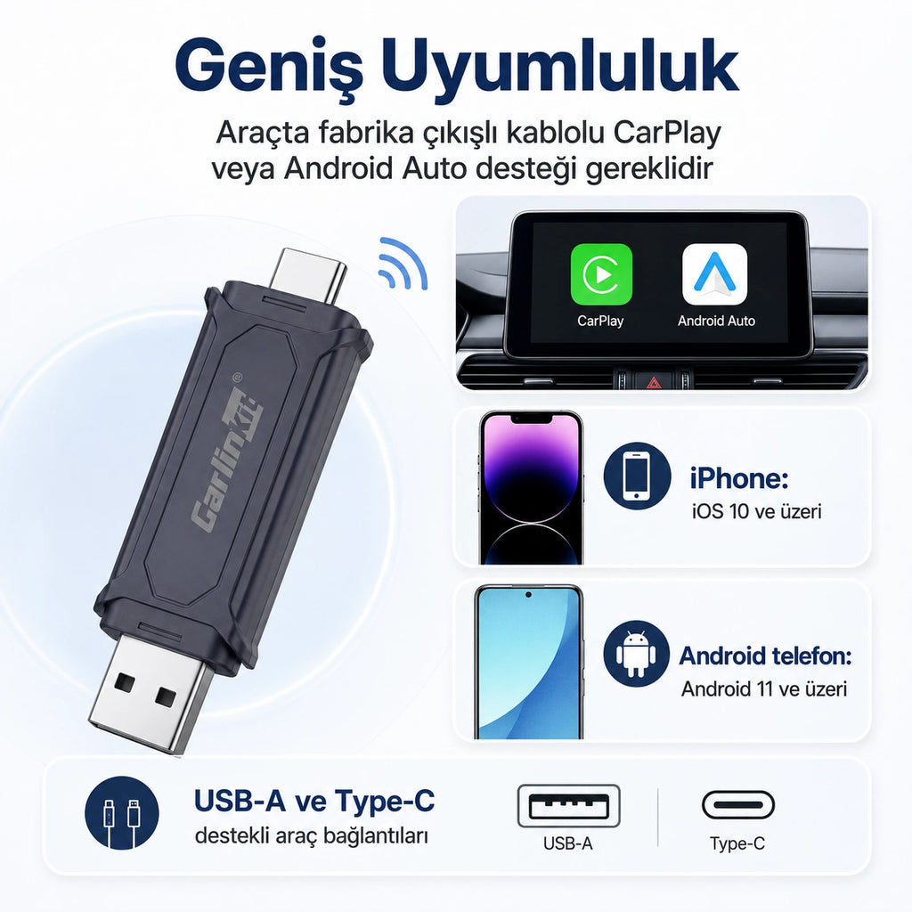 Carlinkit Mini 5 Pro Kablosuz CarPlay Çevirici Adaptör, Bluetooth & Wi-Fi Akıllı Araç Multimedya Dönüştürücü