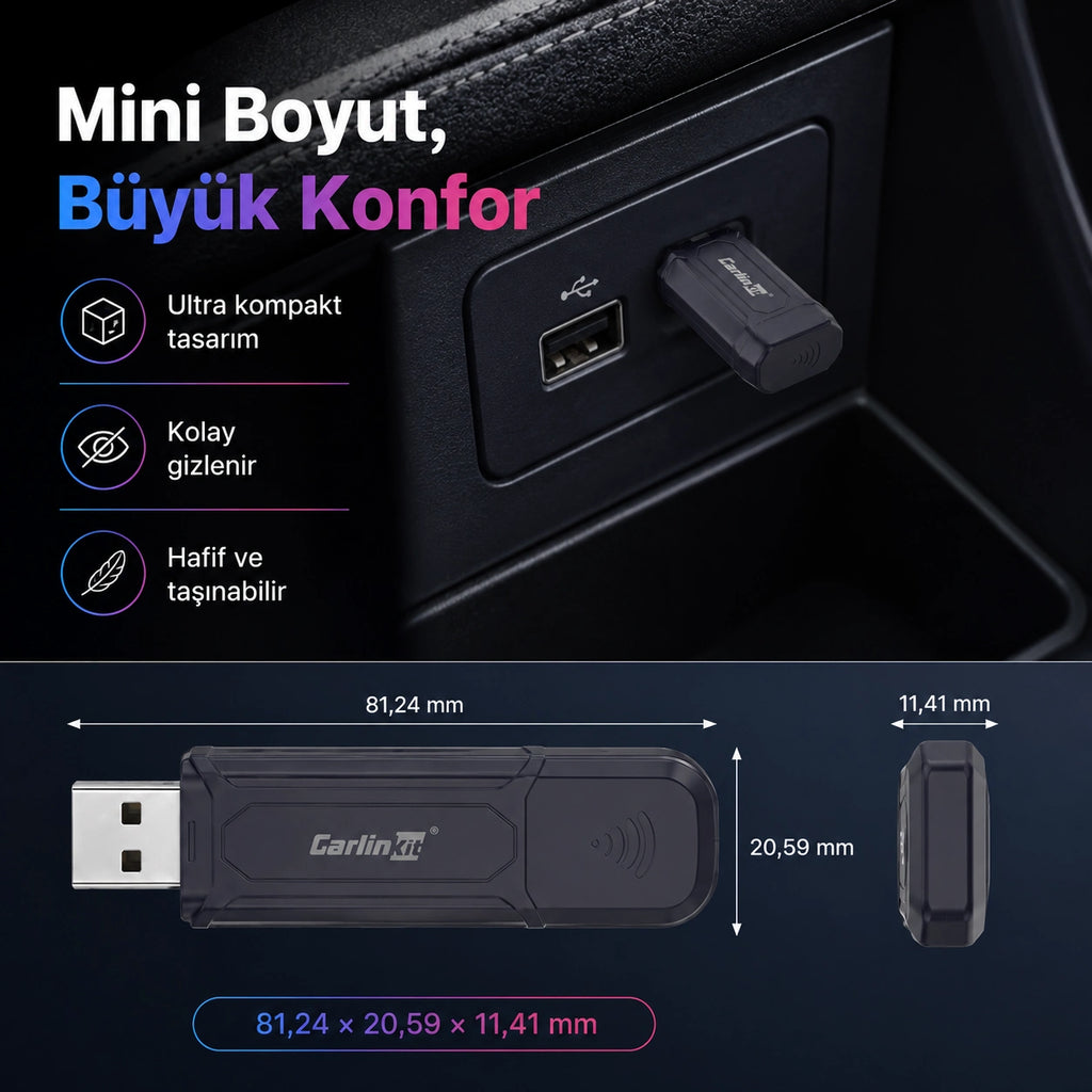 Carlinkit Mini 5 Pro Kablosuz CarPlay Çevirici Adaptör, Bluetooth & Wi-Fi Akıllı Araç Multimedya Dönüştürücü