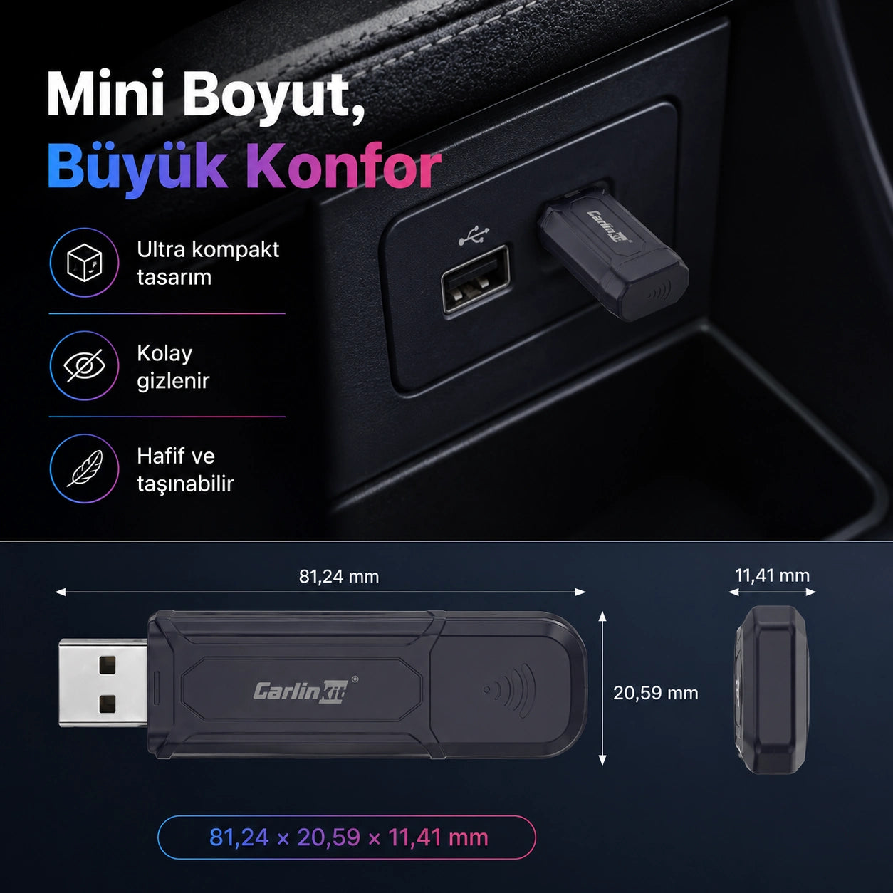 Carlinkit Mini 5 Pro Kablosuz CarPlay Çevirici Adaptör, Bluetooth & Wi-Fi Akıllı Araç Multimedya Dönüştürücü
