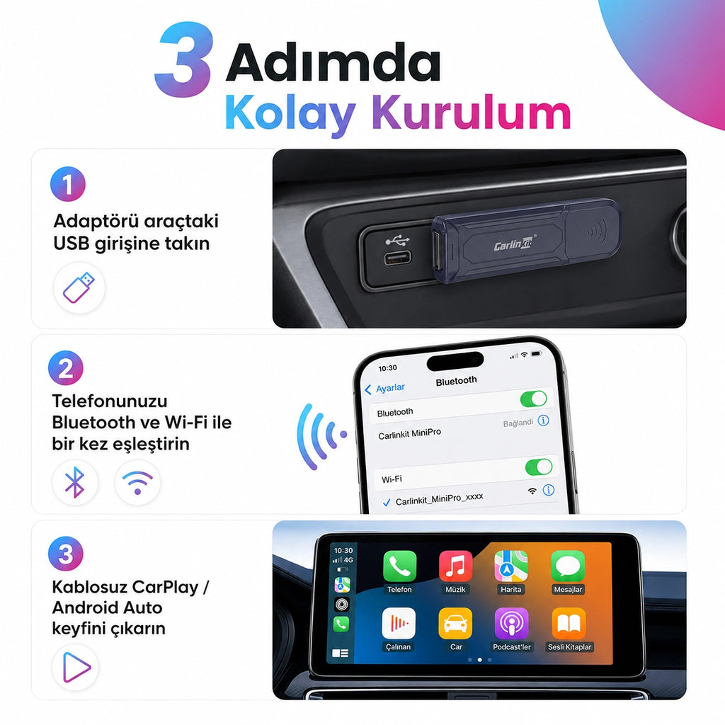Carlinkit Mini 5 Pro Kablosuz CarPlay Çevirici Adaptör, Bluetooth & Wi-Fi Akıllı Araç Multimedya Dönüştürücü