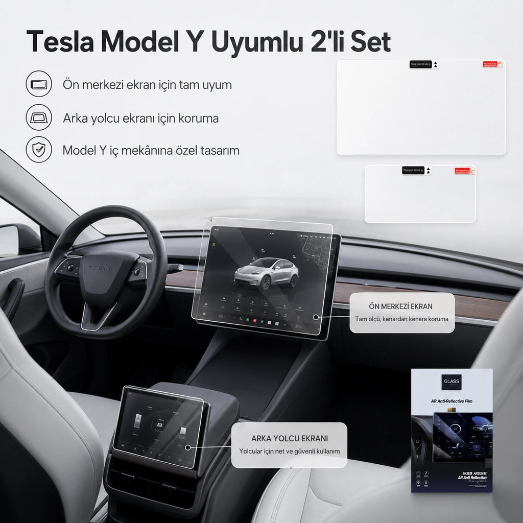 Lopard Tesla Model Y Juniper Ekran Koruyucu Sert Cam Seti, 9H 2in1 Ön ve Arka Multimedya Camı