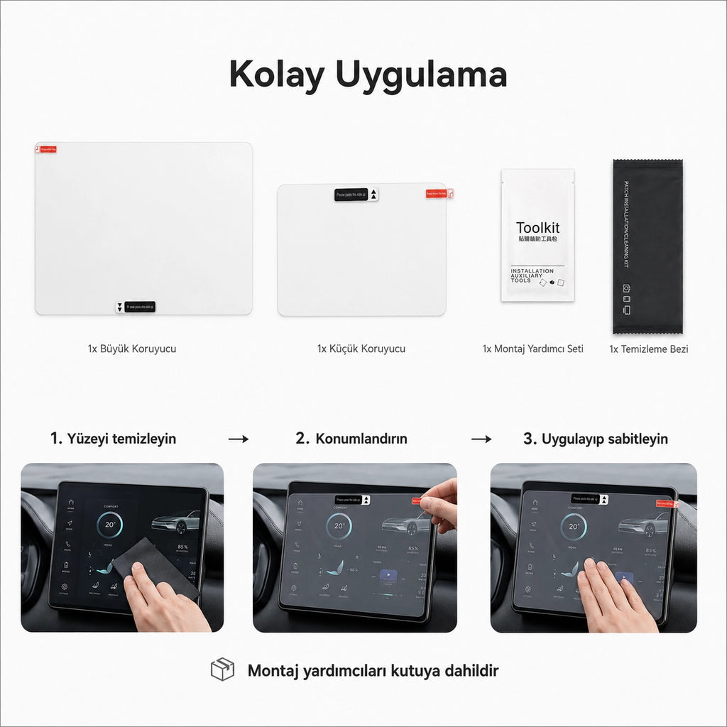 Lopard Tesla Model Y Juniper Ekran Koruyucu Sert Cam Seti, 9H 2in1 Ön ve Arka Multimedya Camı