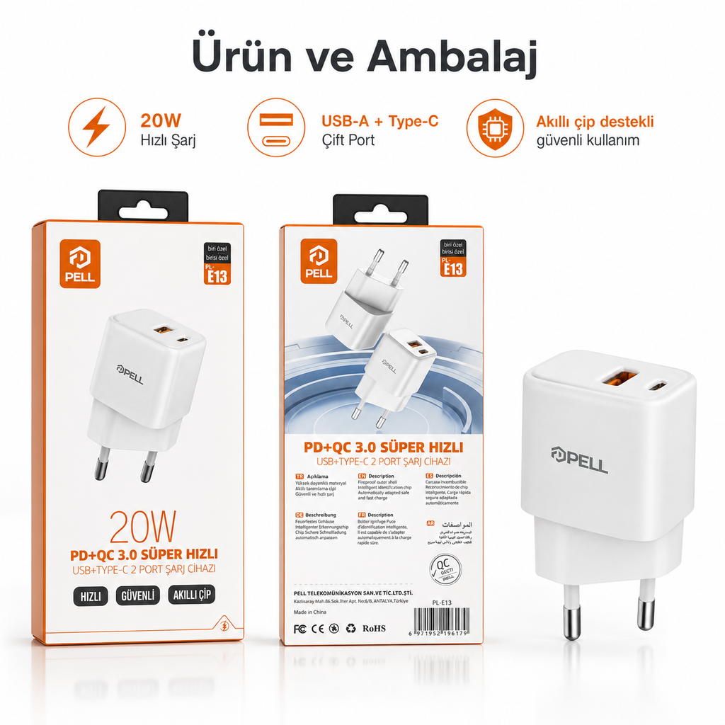 PL-E13 20W Çift Portlu PD QC 3.0 Hızlı Duvar Şarj Cihazı, Akıllı Telefon Şarj Başlığı