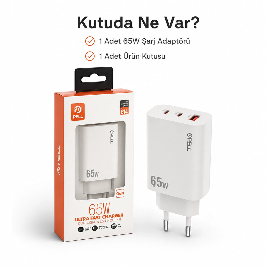 E14 65W PD 3 Portlu Ultra Hızlı Turbo Şarj Cihazı, Type-C ve USB Seyahat Adaptörü