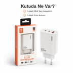 E14 65W PD 3 Portlu Ultra Hızlı Turbo Şarj Cihazı, Type-C ve USB Seyahat Adaptörü