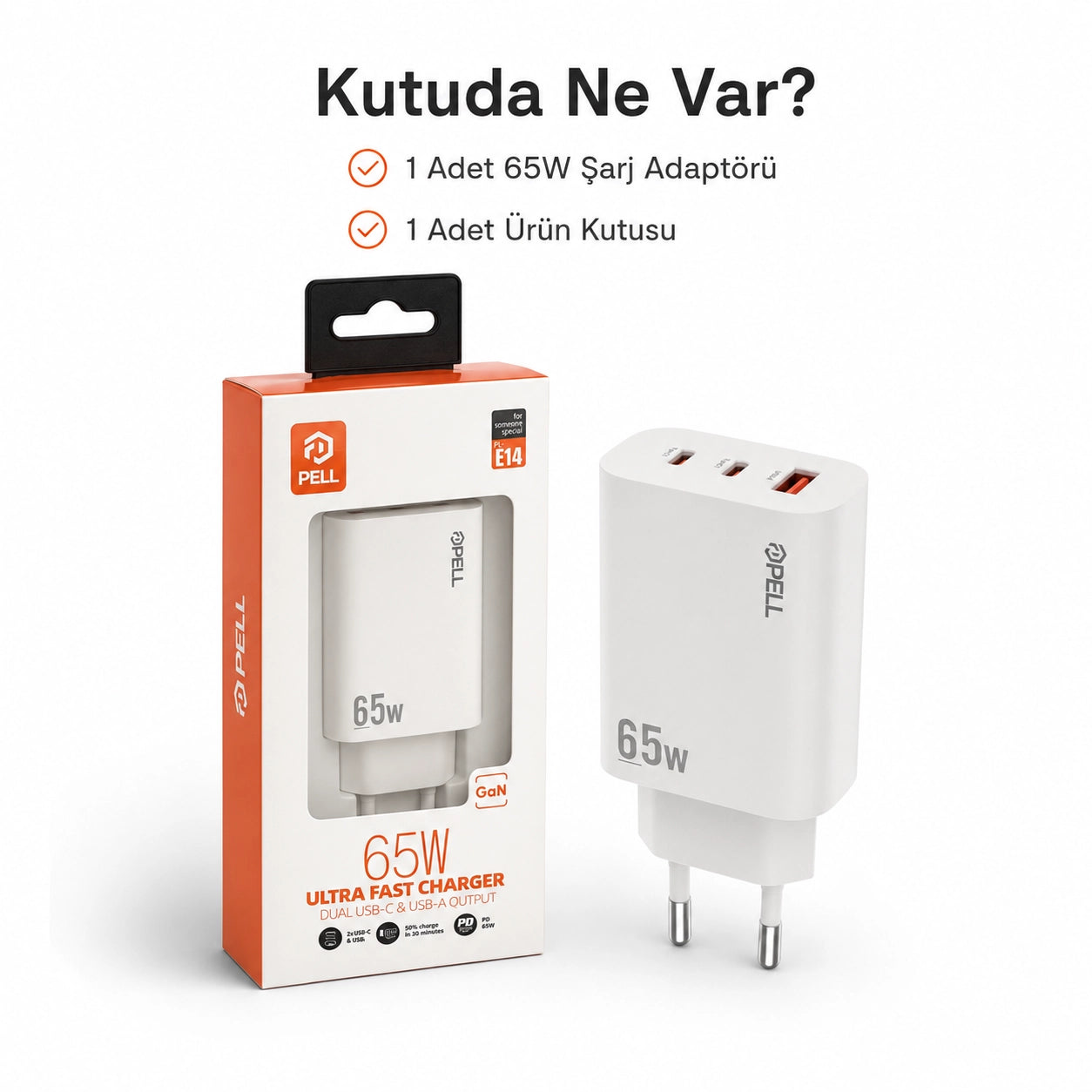 E14 65W PD 3 Portlu Ultra Hızlı Turbo Şarj Cihazı, Type-C ve USB Seyahat Adaptörü